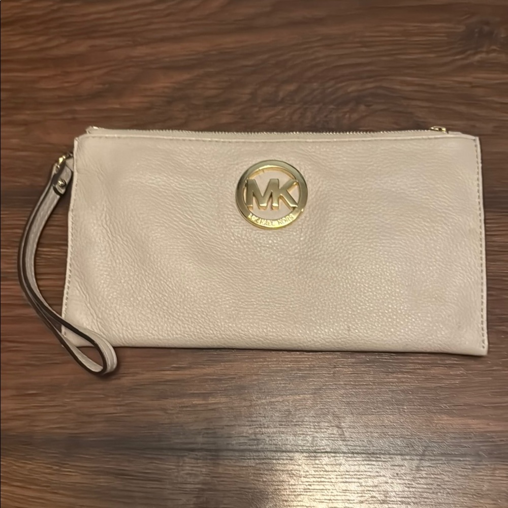 Michael Kors Cream Clutch Wristlet with Gold Logo